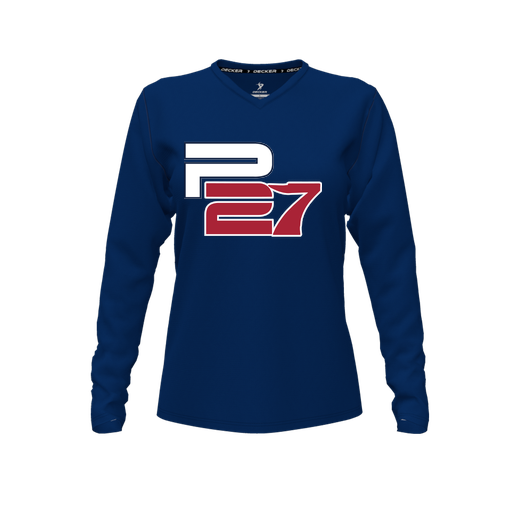 [CUS-DFW-TEES-CMF-VNK-LSL-NVY-FYXS-LOGO1] Comfort T-Shirt (Female Youth XS, Navy, V Neck, Logo 1, Long Sleeve)