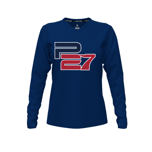 [CUS-DFW-TEES-PER-VNK-LSL-NVY-FYXS-LOGO3] Performance T-Shirt (Female Youth XS, Navy, V Neck, Logo 3, Long Sleeve)