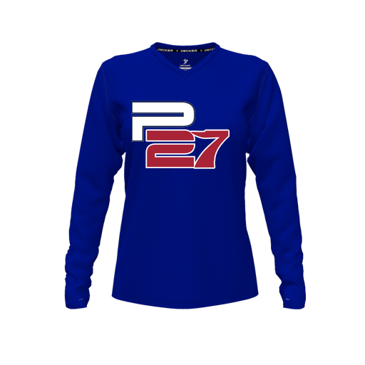 [CUS-DFW-TEES-PER-VNK-LSL-RYL-FYXS-LOGO1] Performance T-Shirt (Female Youth XS, Royal, V Neck, Logo 1, Long Sleeve)