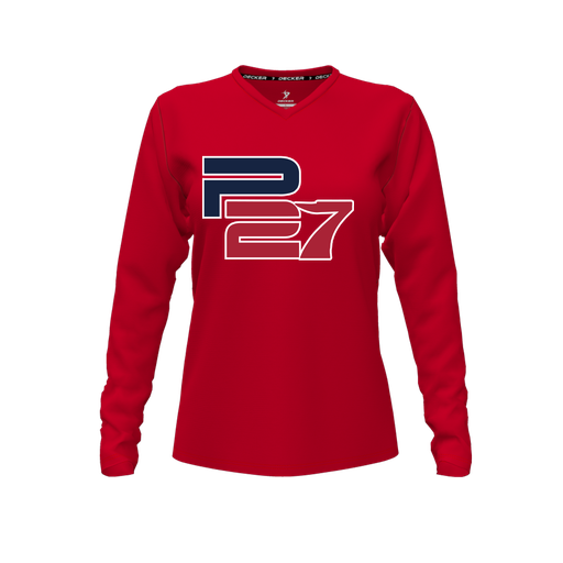 [CUS-DFW-TEES-PER-VNK-LSL-RED-FYXS-LOGO3] Performance T-Shirt (Female Youth XS, Red, V Neck, Logo 3, Long Sleeve)